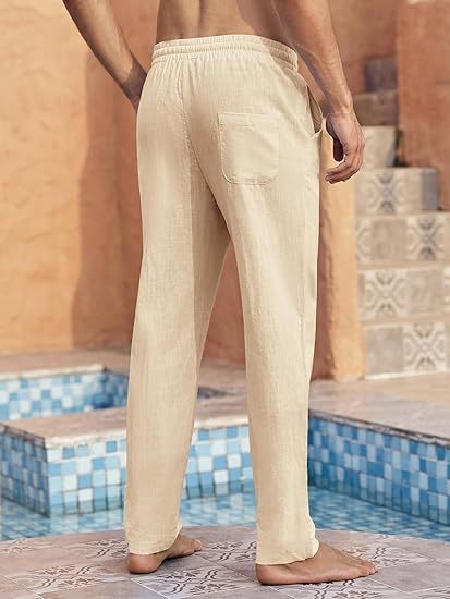 Euroopa ja Ameerika piiriülesed uued puuvillast ja linasest vabaajapüksid, kevad- ja sügisesed ühevärvilised mitmekülgsed sirge säärega püksid, meeste pingutusnööriga pikad püksid, Euroopa ja Ameerika stiil