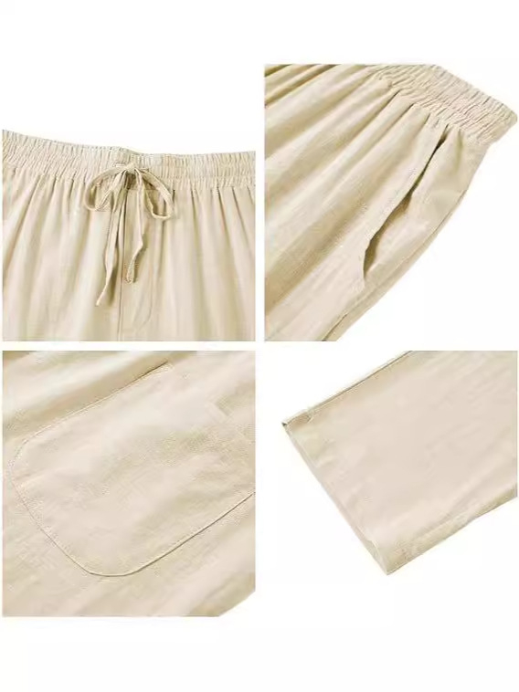 Euroopa ja Ameerika piiriülesed uued puuvillast ja linasest vabaajapüksid, kevad- ja sügisesed ühevärvilised mitmekülgsed sirge säärega püksid, meeste pingutusnööriga pikad püksid, Euroopa ja Ameerika stiil