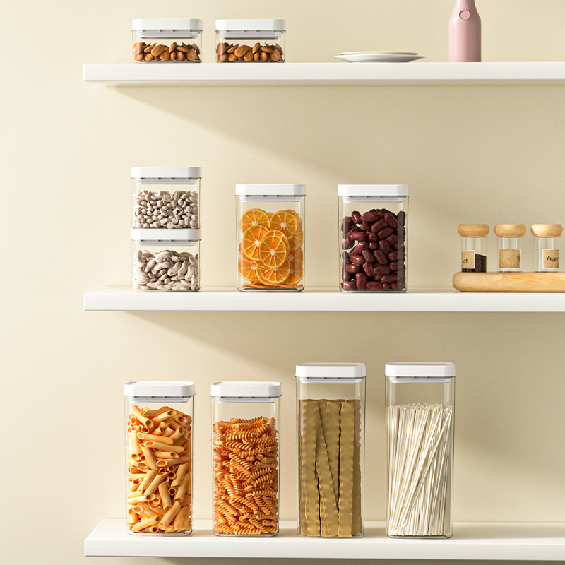 Kohandatud suletud purgid teraviljadele köögis hoiustamiseks toidukvaliteediga läbipaistvad plastpurgid karbid suupisted kuivkaupade hoiupurgid