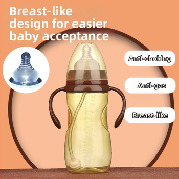 Kõrge temperatuurikindel laia suuga plastist rinnapiima imiteeriv lutipudel, mis soovitab vastsündinute puhitust ja pragunemiskindlust käepidemega