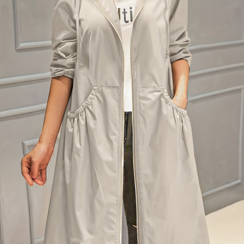 On01619 „Spot 2025“ pavasario ir vasaros naujas plius dydžio moteriškas vienspalvis laisvalaikio ilgomis rankovėmis su gobtuvu, ilgas, neperpučiamas vėjo švarkas.