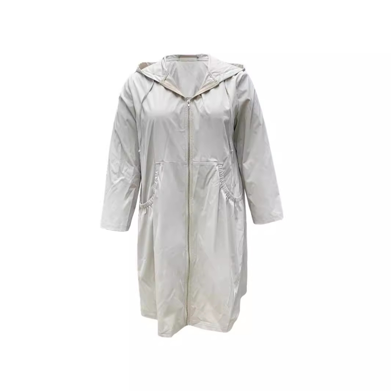 On01619 „Spot 2025“ pavasario ir vasaros naujas plius dydžio moteriškas vienspalvis laisvalaikio ilgomis rankovėmis su gobtuvu, ilgas, neperpučiamas vėjo švarkas.