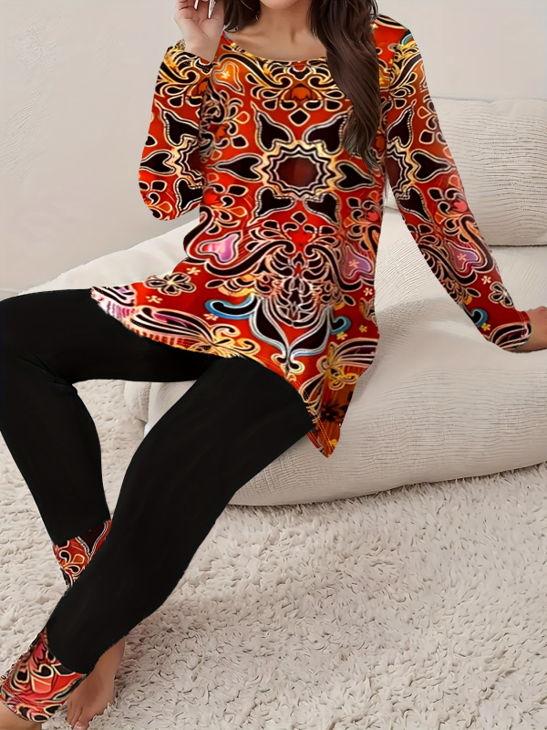 Európai és amerikai határokon átnyúló robbanások plus size női öltöny hétköznapi kétrészes etnikai mintás hosszú ujjú nadrág nőknek