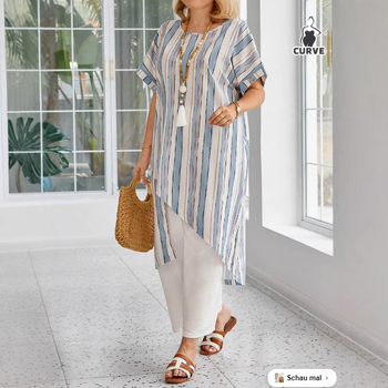 Трансгранична плажна блуза 2025 AliExpress Explosions, свободна раирана риза с кръгло деколте Explosions, дамска блуза със слънцезащитен крем