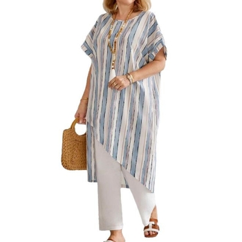 Трансгранична плажна блуза 2025 AliExpress Explosions, свободна раирана риза с кръгло деколте Explosions, дамска блуза със слънцезащитен крем