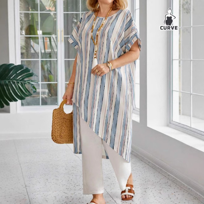 Határokon átnyúló 2025 AliExpress Explosions strandblúz laza csíkos robbanások kerek nyakú női blúz naptejjel