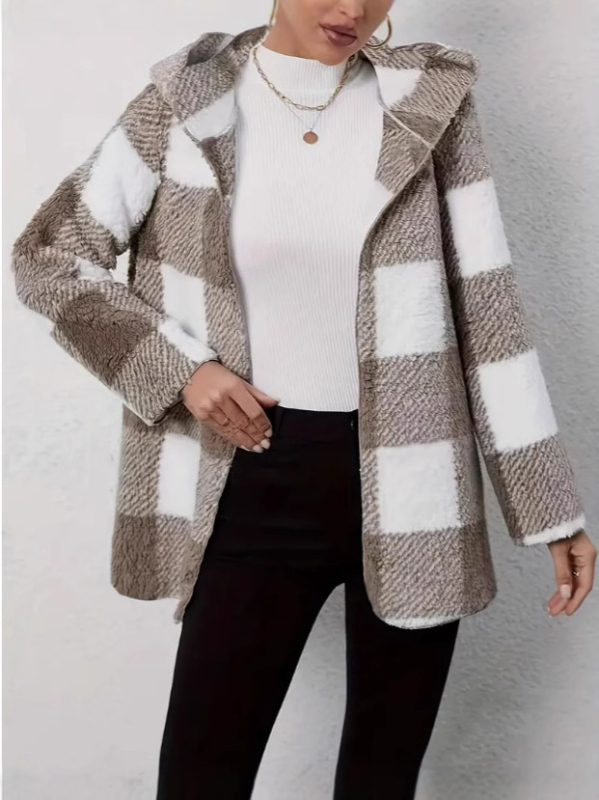 Euroopa ja Ameerika plush naiste mantel 2024 uus Amazoni pikkade varrukatega ruuduline kapuutsiga lahtine mantel