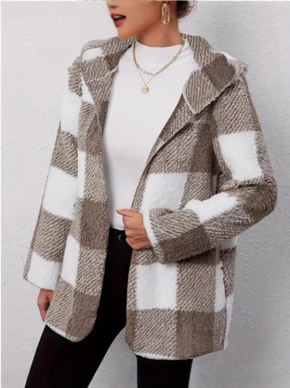 Euroopa ja Ameerika plush naiste mantel 2024 uus Amazoni pikkade varrukatega ruuduline kapuutsiga lahtine mantel