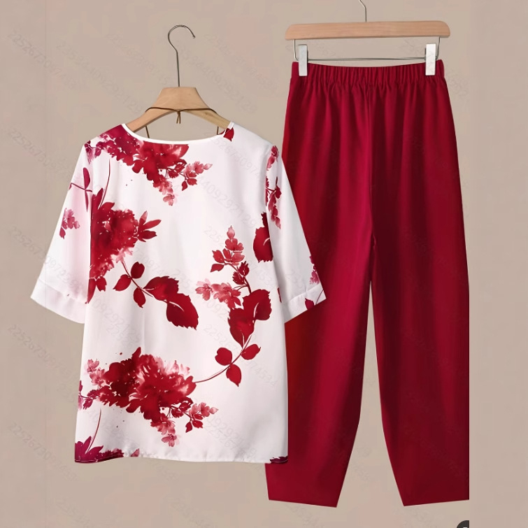 2025. aasta Amazoni suvine naiste lilleprindiga ümara kaelusega lühikeste varrukatega pluus elastse vöökoha ja mitmekülgse alläärega