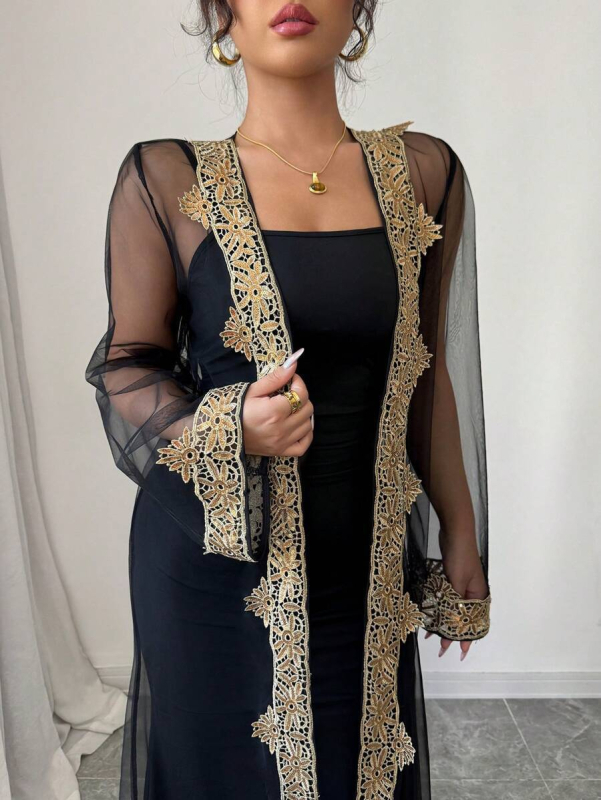 2025 őszi-téli harisnyakötős ruha, arany szálú hímzésű, hálós, kardigán, kétrészes ruha, hosszú ruha, muszlim ruha