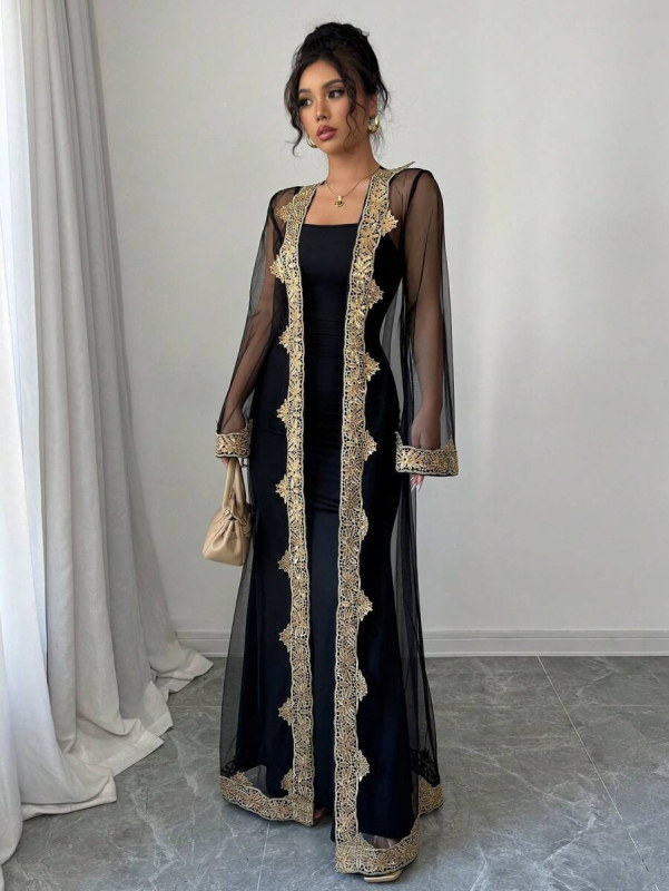 2025 őszi-téli harisnyakötős ruha, arany szálú hímzésű, hálós, kardigán, kétrészes ruha, hosszú ruha, muszlim ruha