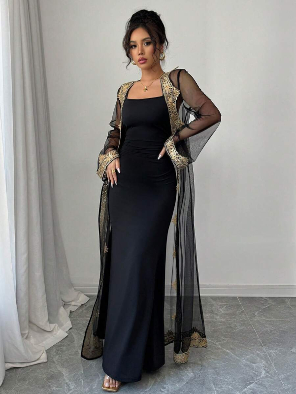 2025 őszi-téli harisnyakötős ruha, arany szálú hímzésű, hálós, kardigán, kétrészes ruha, hosszú ruha, muszlim ruha