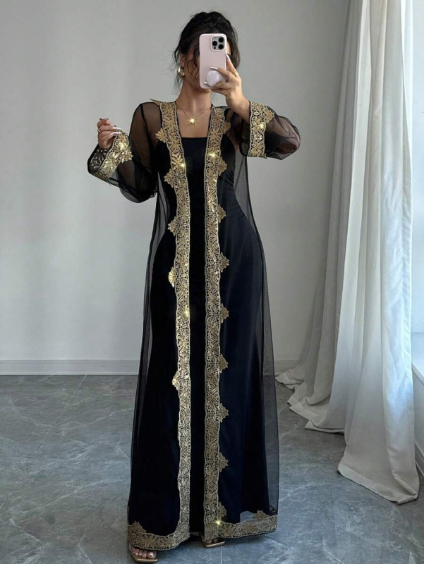 2025 őszi-téli harisnyakötős ruha, arany szálú hímzésű, hálós, kardigán, kétrészes ruha, hosszú ruha, muszlim ruha
