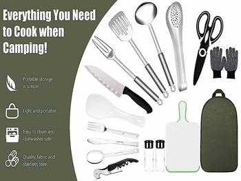 „Amazon“ nerūdijančio plieno stalo įrankiai lauko kelionėms, stovyklavimui, iškylai, kepsninei, lėkštėms, peiliams, šakutėms ir šaukštams, tinka nešiojamam laikymo krepšiui