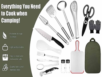 „Amazon“ nerūdijančio plieno stalo įrankiai lauko kelionėms, stovyklavimui, iškylai, kepsninei, lėkštėms, peiliams, šakutėms ir šaukštams, tinka nešiojamam laikymo krepšiui