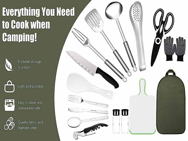 „Amazon“ nerūdijančio plieno stalo įrankiai lauko kelionėms, stovyklavimui, iškylai, kepsninei, lėkštėms, peiliams, šakutėms ir šaukštams, tinka nešiojamam laikymo krepšiui