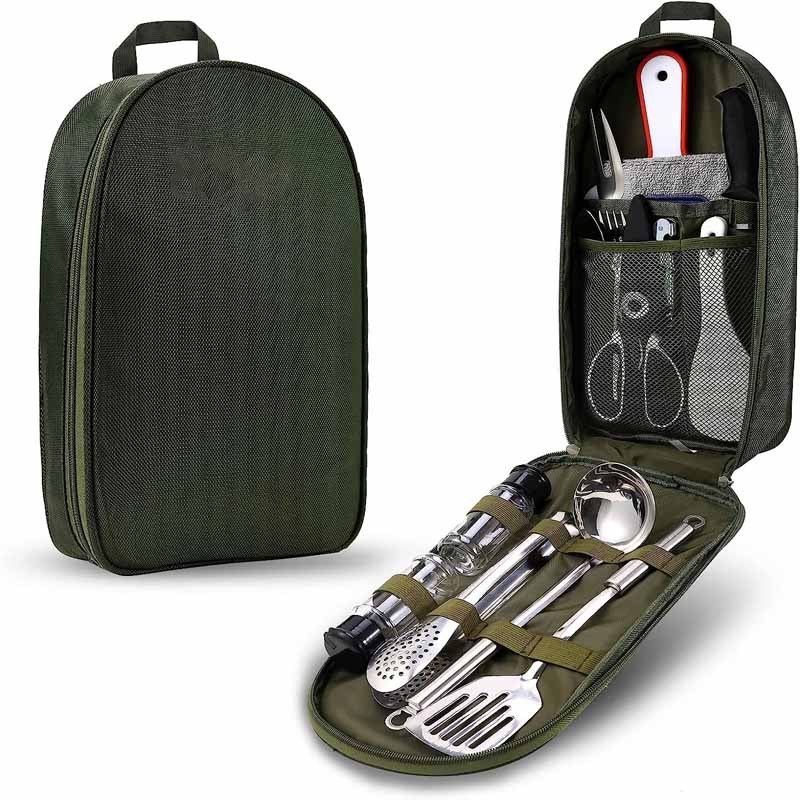 Tacâmuri din oțel inoxidabil Amazon, călătorii în aer liber, camping, picnic, grătar, farfurie, cuțit, furculiță și lingură, geantă de depozitare portabilă