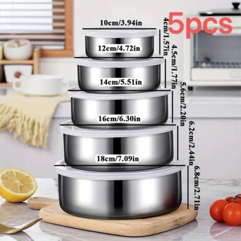 Nerūdijančio plieno penkių dalių rinkinys su apvaliu, traškesniu maisto skyriumi, šaldytuvui, virtuvei, sandariai uždaryta laikymo dėžutė