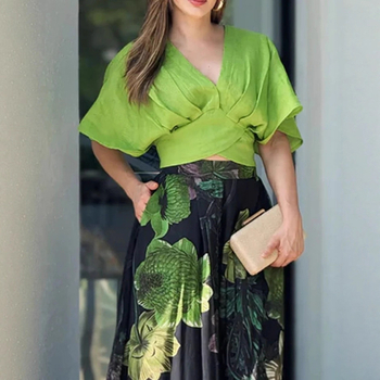 Γυναικείο κοστούμι με τυπωμένα μανίκια πέντε τετάρτων, 2025, ευρωπαϊκής και αμερικανικής Amazon Cross-Border Export, με V-λαιμόκοψη και σκίσιμο, σε μαύρο χρώμα.