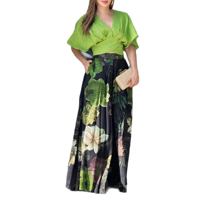 2025. aasta Euroopa ja Ameerika Amazoni piiriülese ekspordi naiste uus V-kaelusega viieveerandvarrukatega trükitud must piludega seelikülikond