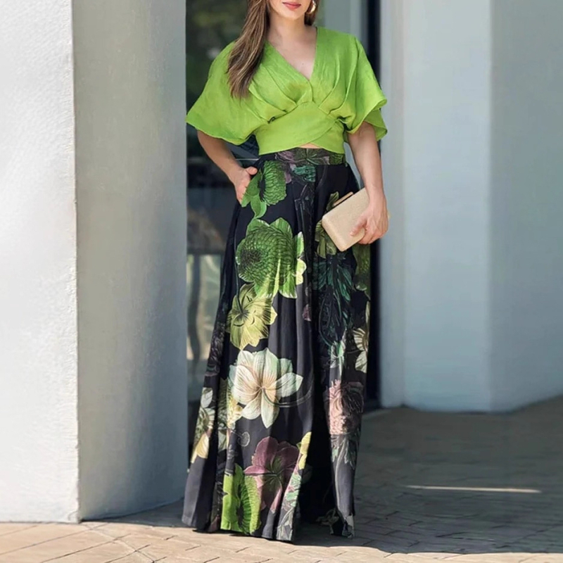 2025. aasta Euroopa ja Ameerika Amazoni piiriülese ekspordi naiste uus V-kaelusega viieveerandvarrukatega trükitud must piludega seelikülikond