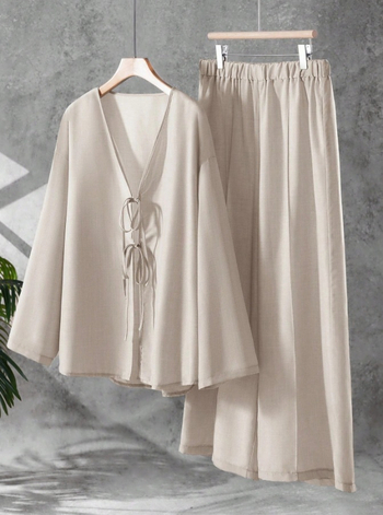 Határokon átnyúló ellátás, kétrészes női hosszú ujjú, fűzős felső és nadrág szett, lezser, egyszínű, őszi