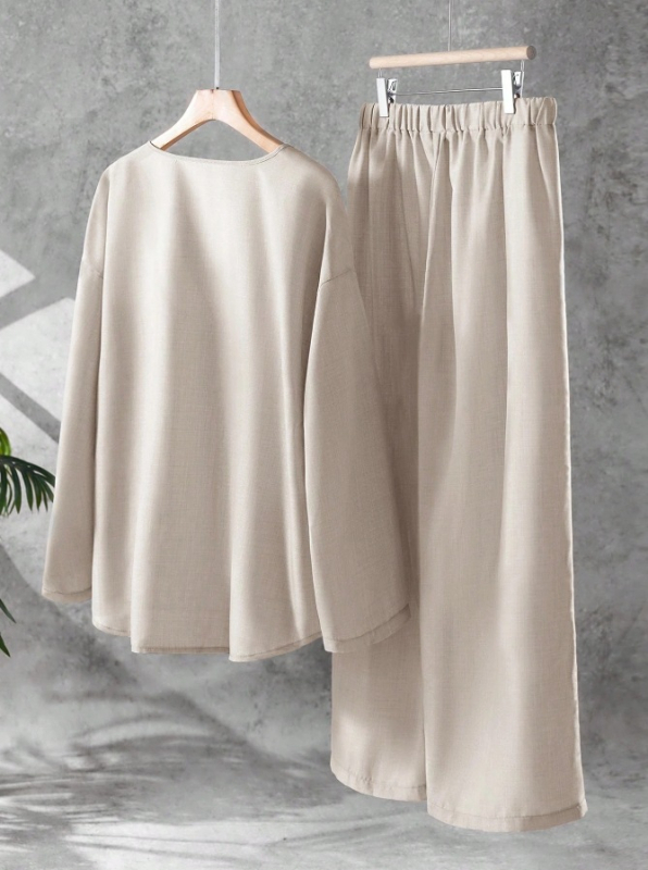 Határokon átnyúló ellátás, kétrészes női hosszú ujjú, fűzős felső és nadrág szett, lezser, egyszínű, őszi
