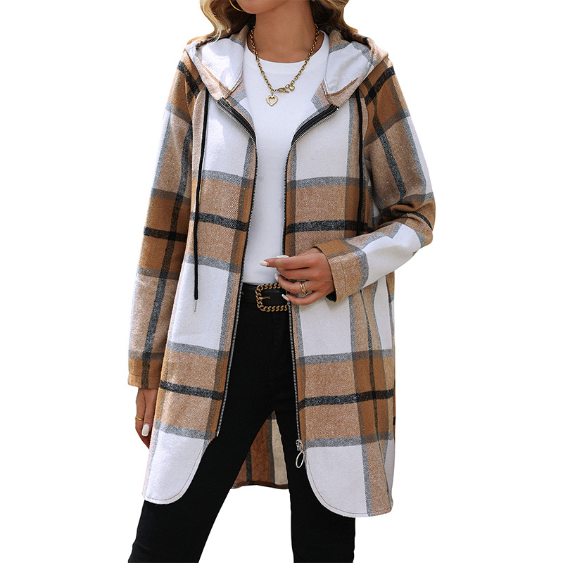 Amazoni Euroopa ja Ameerika väliskaubanduse uus retroklassikaline ruuduline pikk jope naistele mõeldud lahtise vabaaja kapuutsiga jope