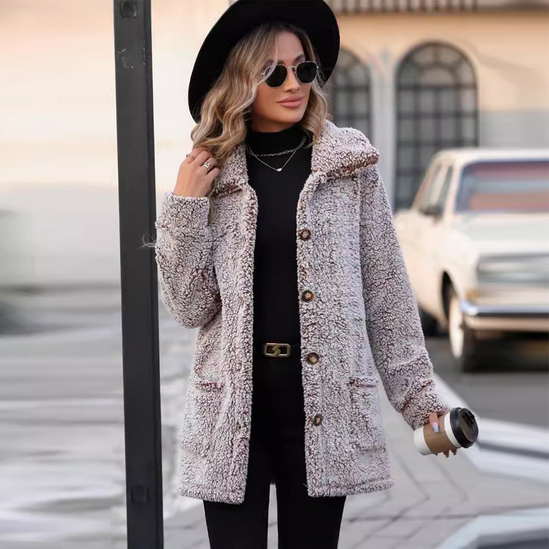 Euroopa ja Ameerika piiriülese ekspordi naiste sügis- ja talvised vabaaja lahtised rinnamikrofoniga taskupüksid üherealise keskmise pikkusega kardiganjakk