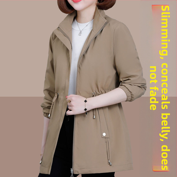 Γυναικείο trench coat με μακριά μανίκια, μεσήλικας, 2025, νέο, κουκούλα, μεσήλικας, για μητέρες, μεγάλα μεγέθη, άνοιξη και φθινόπωρο.