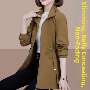 Γυναικείο trench coat με μακριά μανίκια, μεσήλικας, 2025, νέο, κουκούλα, μεσήλικας, για μητέρες, μεγάλα μεγέθη, άνοιξη και φθινόπωρο.