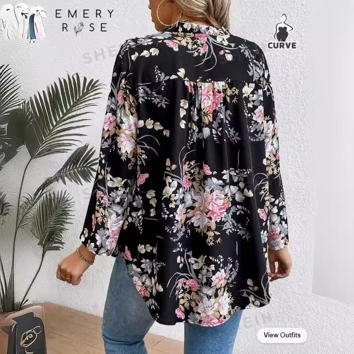 Nauji tarpvalstybiniai europietiški ir amerikietiški moteriški drabužiai iš „Amazon Independent Station“, plius dydžio, gėlėmis marginti ilgomis rankovėmis, klostuoti moteriški laisvi viršiniai.