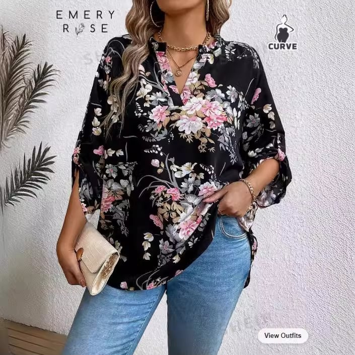 Трансгранично ново европейско и американско дамско облекло Amazon Independent Station plus size с флорален принт, дълъг ръкав, плисиран дамски свободен топ