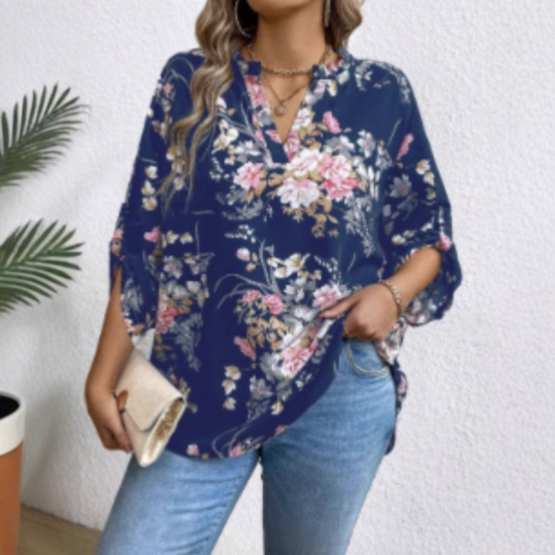 Nauji tarpvalstybiniai europietiški ir amerikietiški moteriški drabužiai iš „Amazon Independent Station“, plius dydžio, gėlėmis marginti ilgomis rankovėmis, klostuoti moteriški laisvi viršiniai.