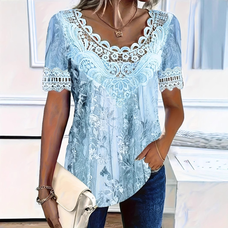Euroopa ja Ameerika uus pitsist õmblustega ümara kaelusega lühikeste varrukatega T-särk, trükitud topp, piiriülene kuum stiil