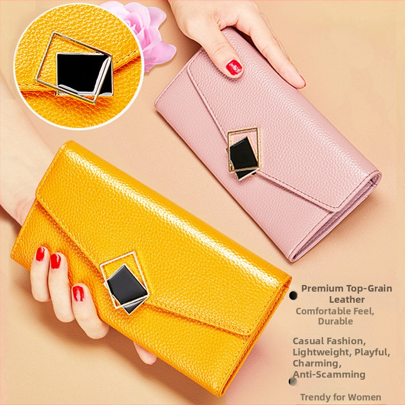 2025 m. nauja natūralios odos grynos odos moteriška ilga madinga geltona minkštos odos delninė didelė talpa su keliais kortelių skyreliais