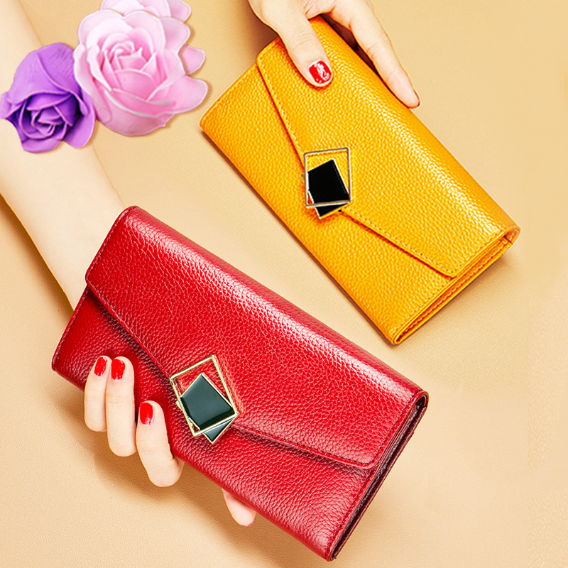 2025 m. nauja natūralios odos grynos odos moteriška ilga madinga geltona minkštos odos delninė didelė talpa su keliais kortelių skyreliais