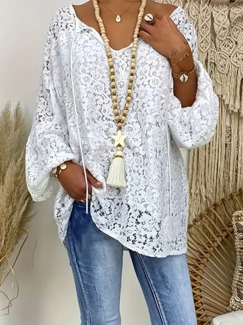 2025 Amazon Independent Station Ευρωπαϊκά και Αμερικανικά Ρούχα Λευκό Μπλούζα με Κούφια Δαντέλα και V Λαιμόκοψη, Χαλαρό Πουλόβερ με Μακρύ Μανίκι