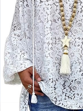 2025 Amazon Independent Station Ευρωπαϊκά και Αμερικανικά Ρούχα Λευκό Μπλούζα με Κούφια Δαντέλα και V Λαιμόκοψη, Χαλαρό Πουλόβερ με Μακρύ Μανίκι