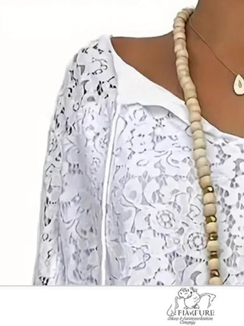 2025 Amazon Independent Station Ευρωπαϊκά και Αμερικανικά Ρούχα Λευκό Μπλούζα με Κούφια Δαντέλα και V Λαιμόκοψη, Χαλαρό Πουλόβερ με Μακρύ Μανίκι