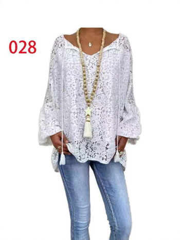 2025 Amazon Independent Station Ευρωπαϊκά και Αμερικανικά Ρούχα Λευκό Μπλούζα με Κούφια Δαντέλα και V Λαιμόκοψη, Χαλαρό Πουλόβερ με Μακρύ Μανίκι