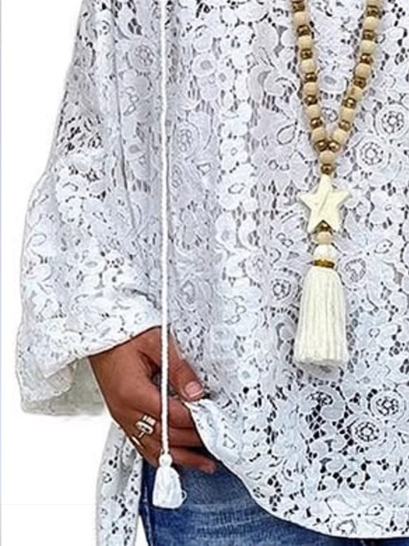 2025 Amazon Independent Station Ευρωπαϊκά και Αμερικανικά Ρούχα Λευκό Μπλούζα με Κούφια Δαντέλα και V Λαιμόκοψη, Χαλαρό Πουλόβερ με Μακρύ Μανίκι