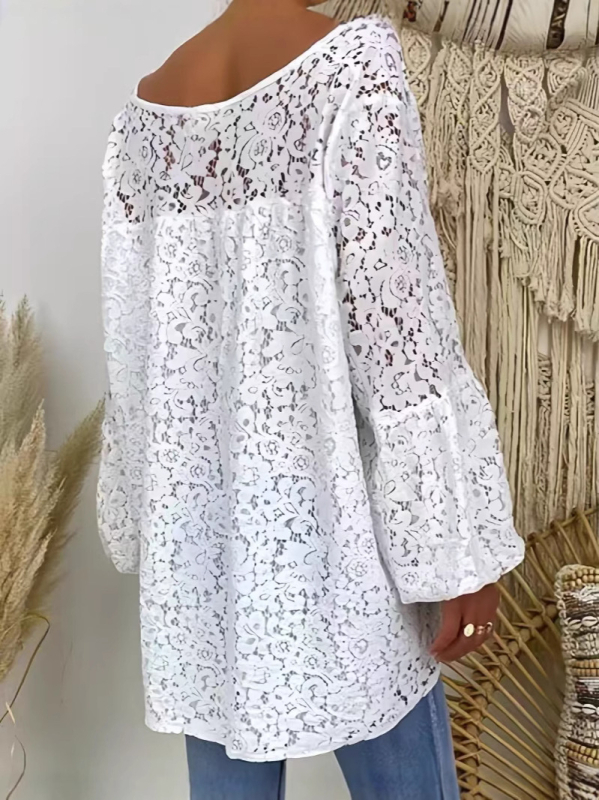 2025 Amazon Independent Station Ευρωπαϊκά και Αμερικανικά Ρούχα Λευκό Μπλούζα με Κούφια Δαντέλα και V Λαιμόκοψη, Χαλαρό Πουλόβερ με Μακρύ Μανίκι