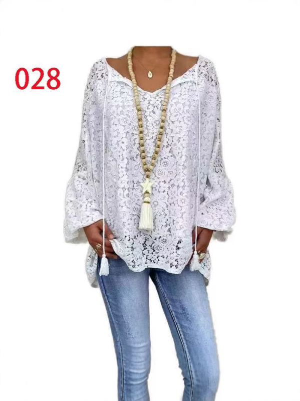 2025 Amazon Independent Station Ευρωπαϊκά και Αμερικανικά Ρούχα Λευκό Μπλούζα με Κούφια Δαντέλα και V Λαιμόκοψη, Χαλαρό Πουλόβερ με Μακρύ Μανίκι