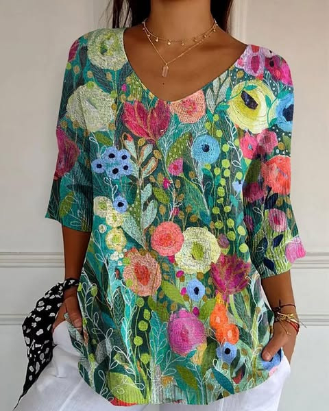 2024 Tricou nou Amazon transfrontalier cu mânecă scurtă, decolteu în V, mânecă lungă, imprimeu floral cu nuanțe, vânzare fierbinte, stație independentă în Europa și Statele Unite