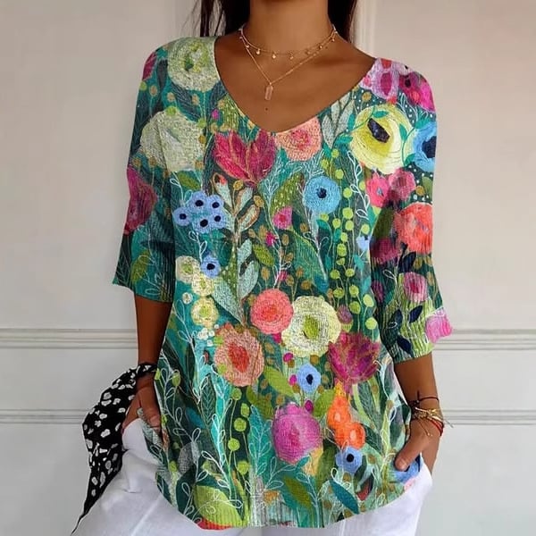 2024 Tricou nou Amazon transfrontalier cu mânecă scurtă, decolteu în V, mânecă lungă, imprimeu floral cu nuanțe, vânzare fierbinte, stație independentă în Europa și Statele Unite