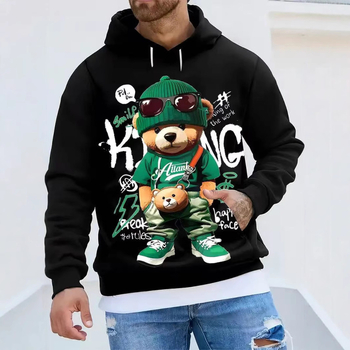 3D digitális nyomtatású, medvemintás, férfi új, fekete kenguru táska, kapucnis pulóver