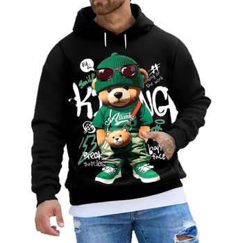 3D дигитален печат с мече, мъжки нов черен суитшърт с качулка и чанта кенгуру