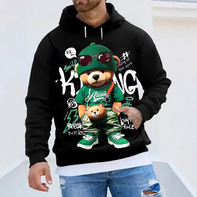 3D digitális nyomtatású, medvemintás, férfi új, fekete kenguru táska, kapucnis pulóver