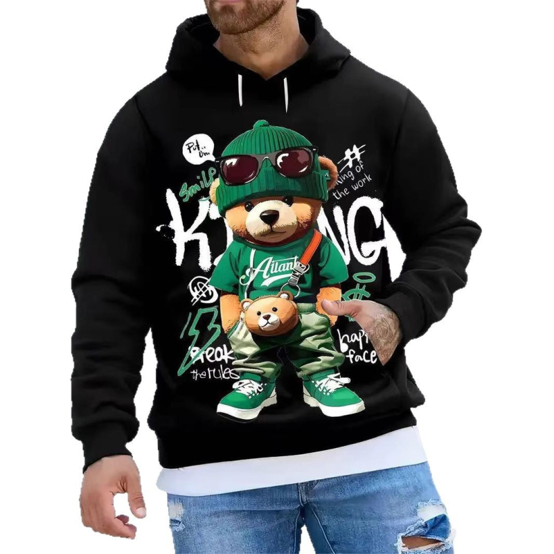 3D digitális nyomtatású, medvemintás, férfi új, fekete kenguru táska, kapucnis pulóver